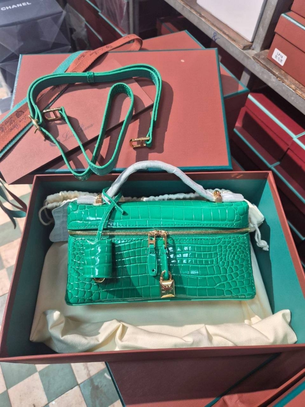 Luxury Green Croc-Embossed Top-Handle Bag by Loro Piana